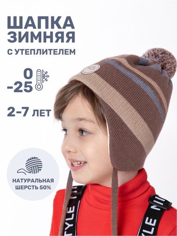 картинка Шапка утепленная для мальчика NIKASTYLE 11з15424 Кофе серо-голубой от магазина детских товаров ALiSa