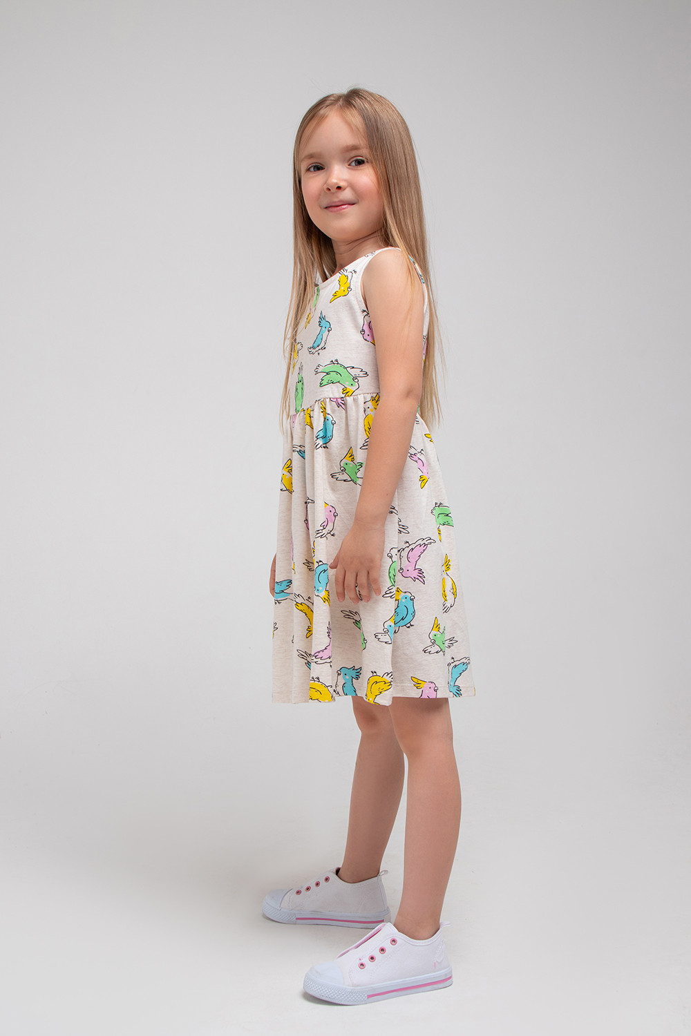 картинка Платье для девочки Crockid КР 5589 светло-бежевый меланж, цветные какаду к333 от магазина детских товаров ALiSa