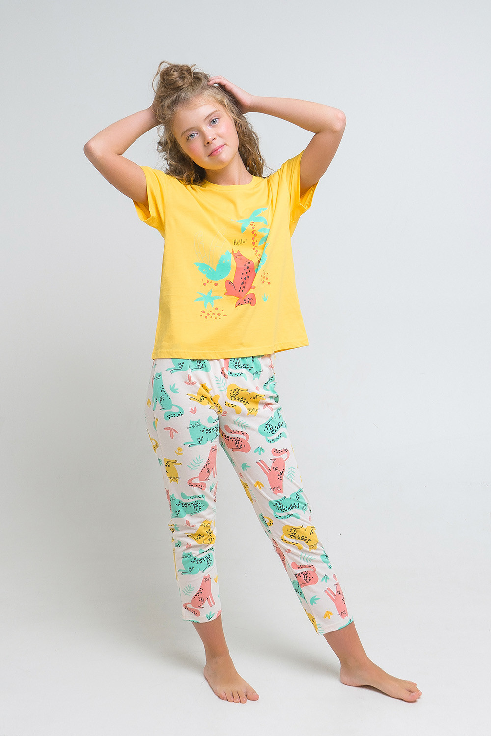 картинка Пижама для девочки КБ 2765 солнечный + леопарды на бледно-персиковом от магазина детских товаров ALiSa
