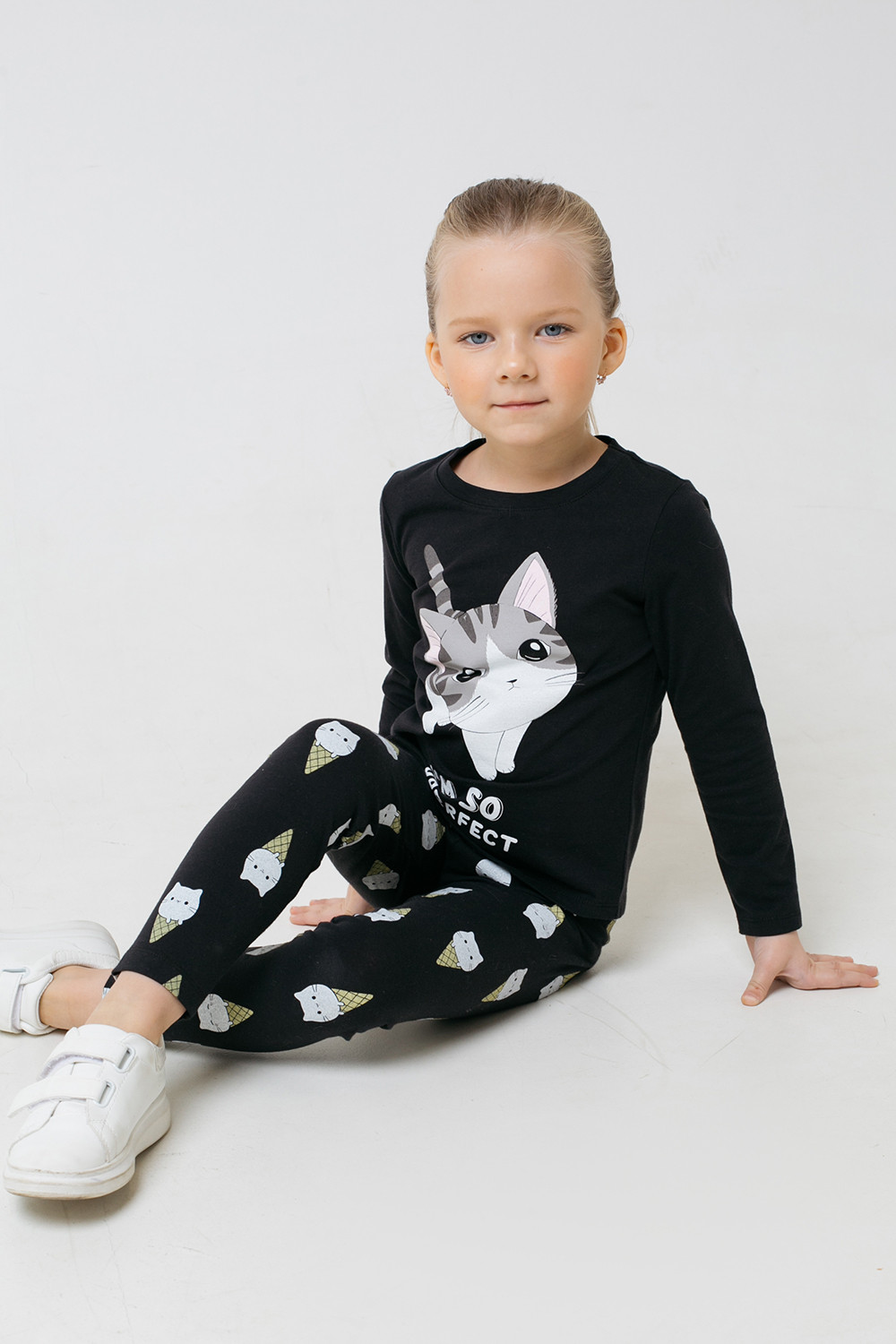 картинка Бриджи удлиненные для девочки Crockid КР 4074 черный, котики-мороженое к313 от магазина детских товаров ALiSa