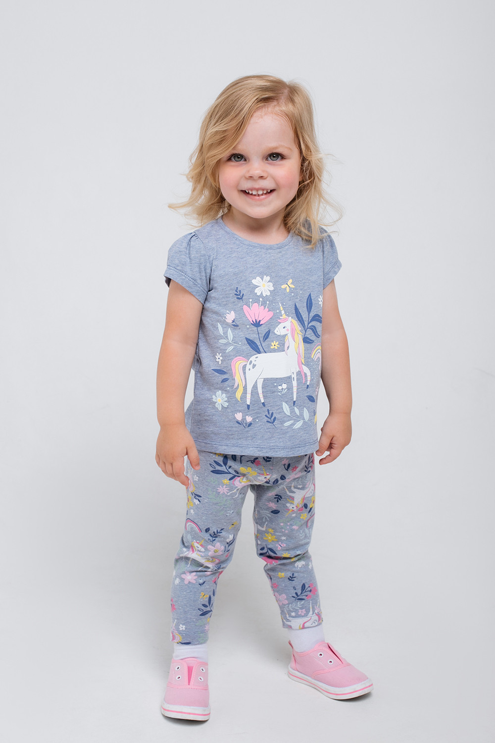 картинка Бриджи для девочки Crockid КР 4321 серо-голубой меланж, единороги в цветах к315 от магазина детских товаров ALiSa