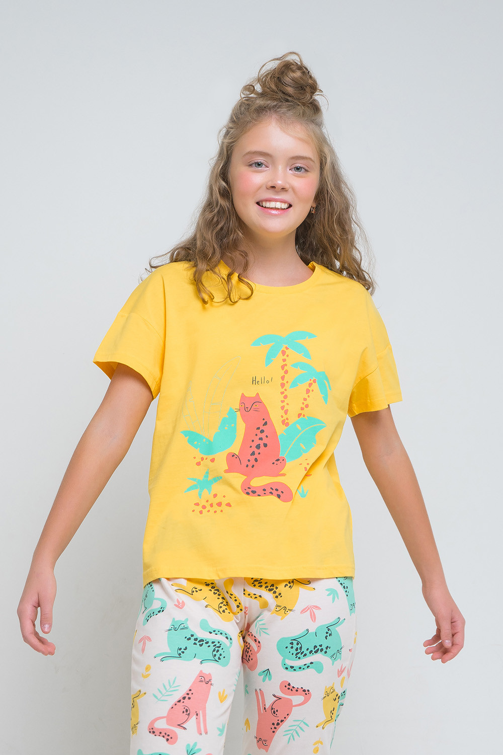 картинка Пижама для девочки КБ 2765 солнечный + леопарды на бледно-персиковом от магазина детских товаров ALiSa