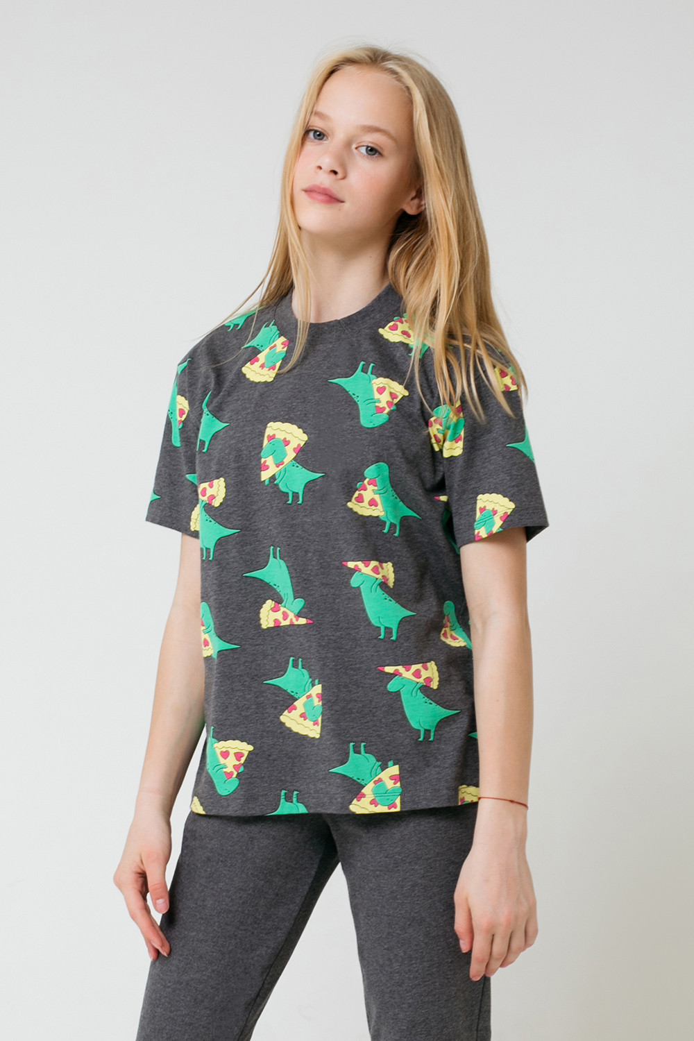 картинка Бриджи для девочки КБ 4763 темно-серый меланж, дино пицца к55 от магазина детских товаров ALiSa