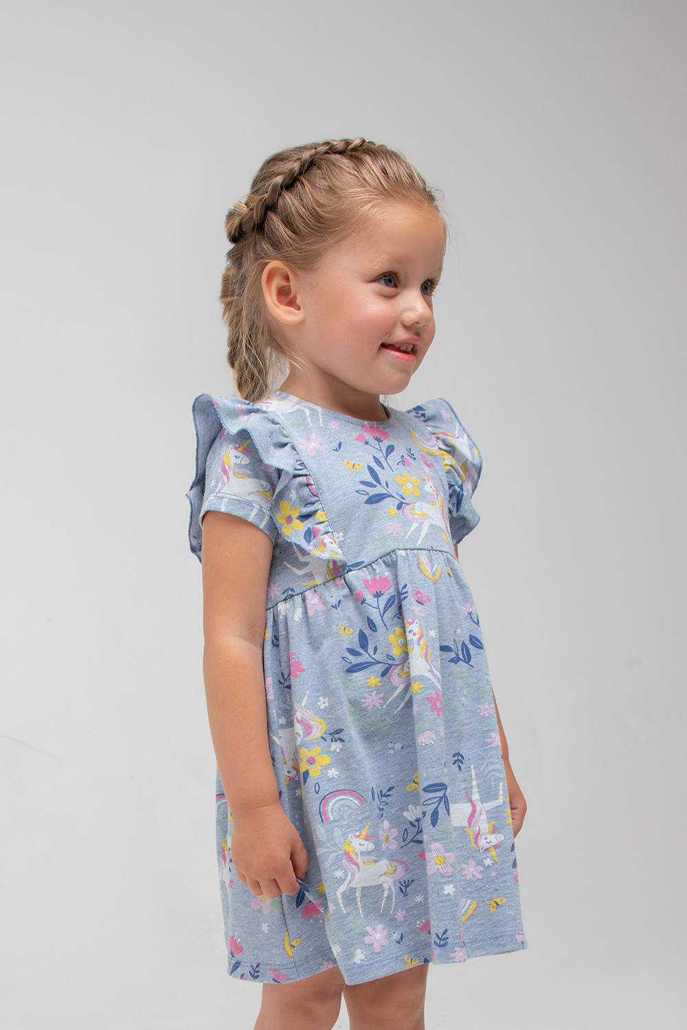 картинка Платье для девочки Crockid КР 5733 серо-голубой меланж, единороги в цветах к315 от магазина детских товаров ALiSa