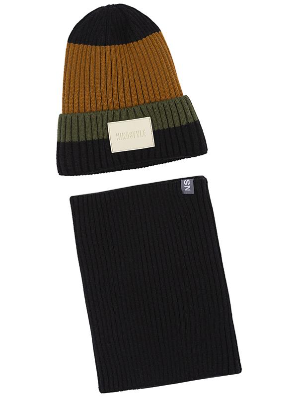 картинка Комплект шапка снуд для мальчика NIKASTYLE 12з16524 Черный хаки от магазина детских товаров ALiSa