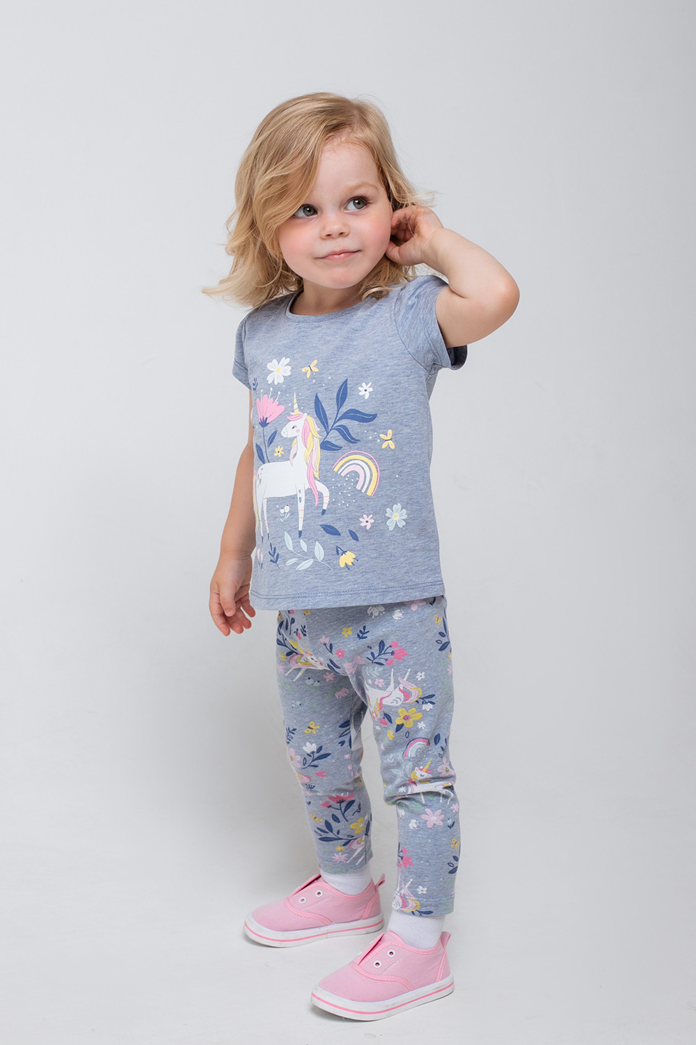 картинка Бриджи для девочки Crockid КР 4321 серо-голубой меланж, единороги в цветах к315 от магазина детских товаров ALiSa