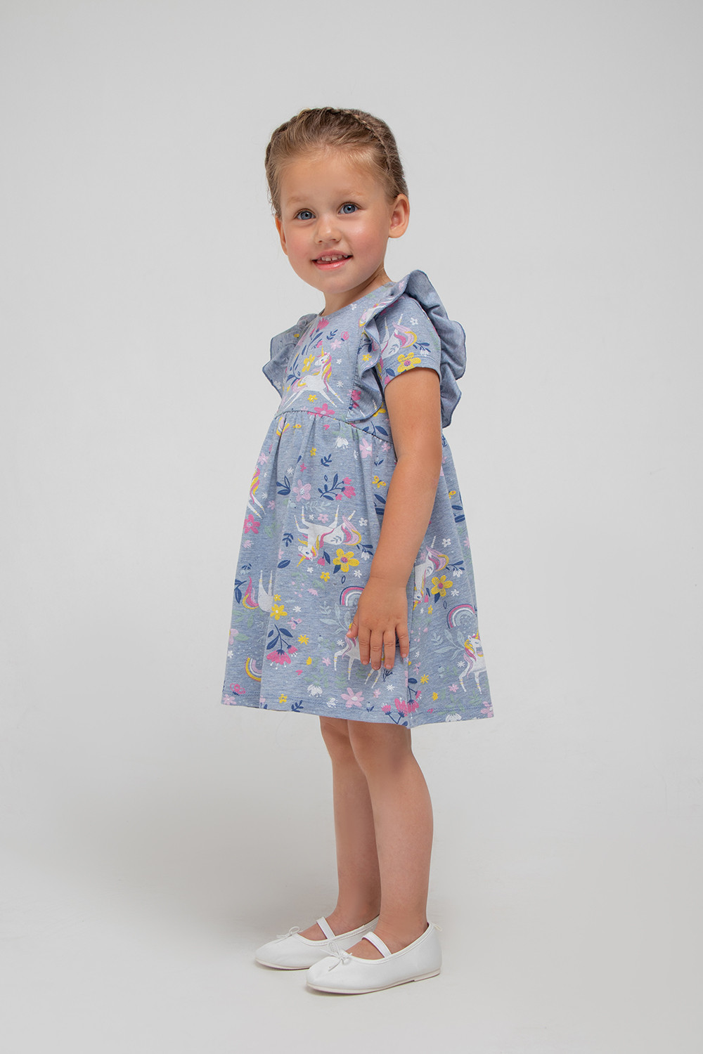 картинка Платье для девочки Crockid КР 5733 серо-голубой меланж, единороги в цветах к315 от магазина детских товаров ALiSa